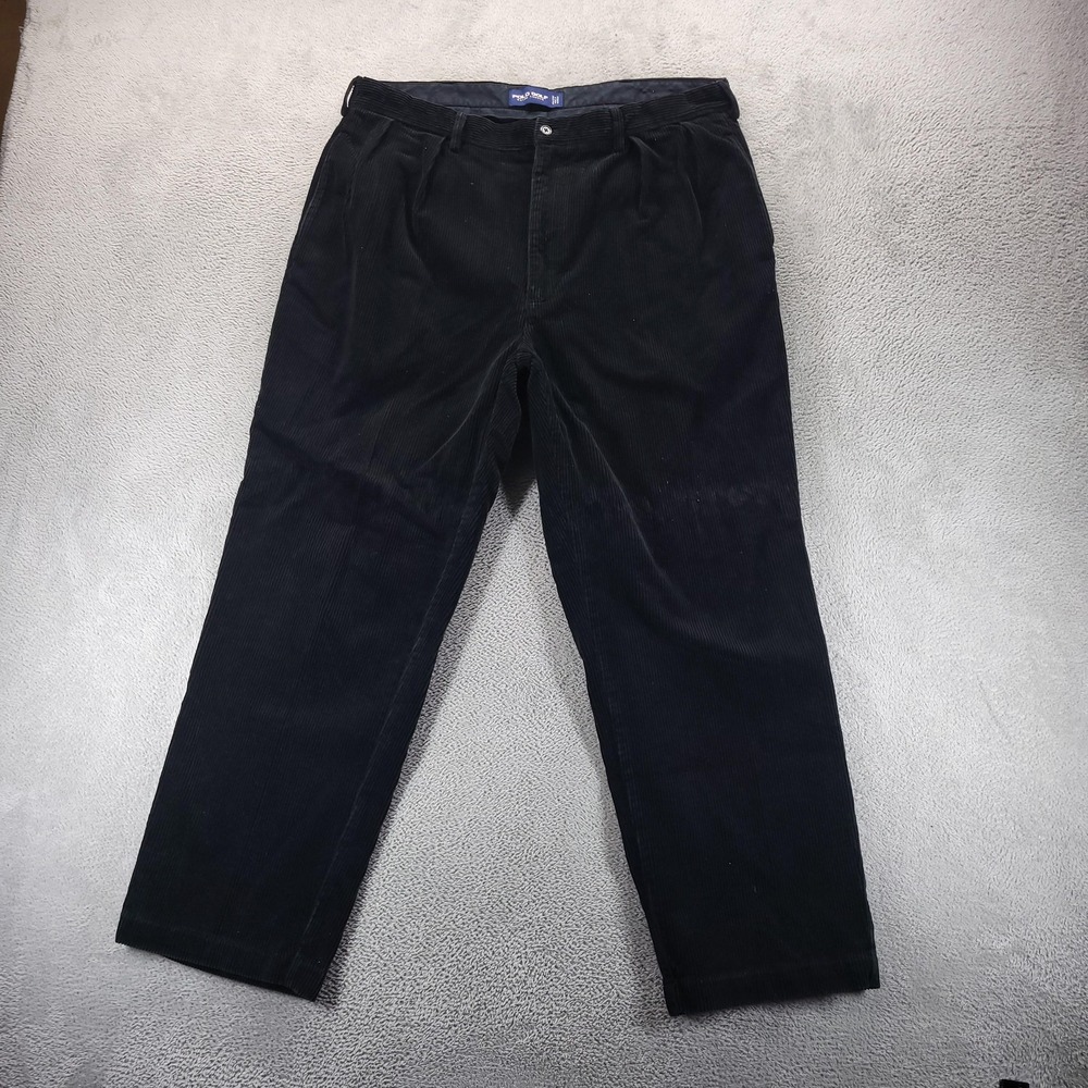 Polo Golf Pants Mens 40x30 Black Corduroy Pleated Chino Trousers Straight Leg
